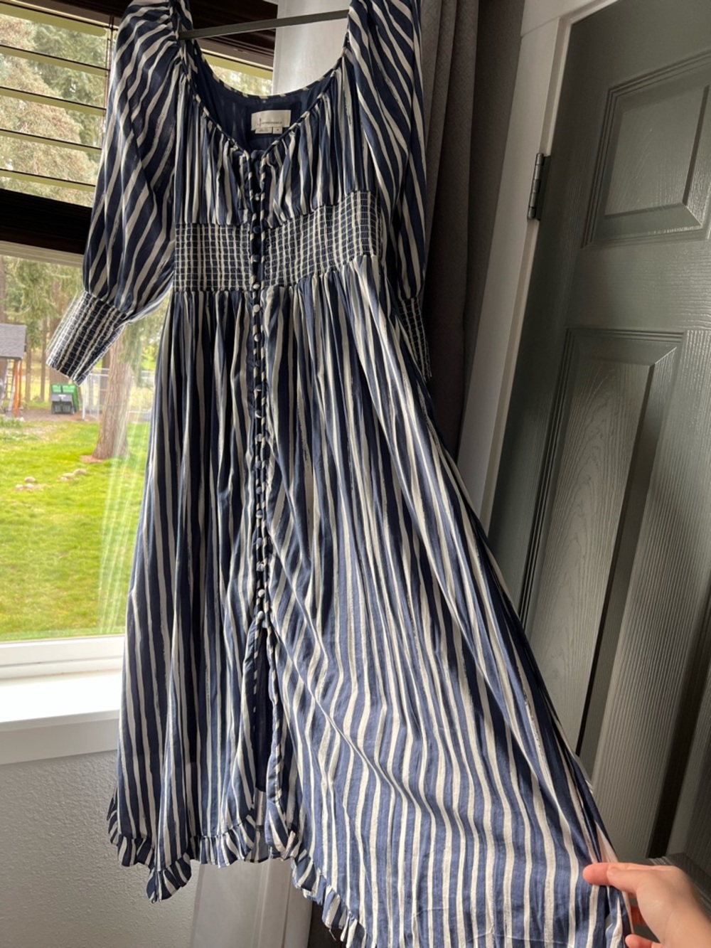 Anthropologie Navy and White Striped Midi Dress
